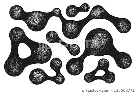 Black abstract liquid metaball shapes drawn by a crayon. Organic decorative sphere geometric form with pencil texture. Morphing ball drop or molecule. Vector illustration. 125508771
