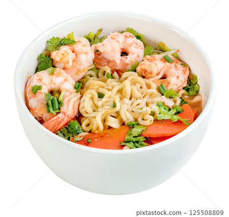Tom Yum kung with instant noodles and shrimp isolated. Tom Yum kung with instant noodles and shrimp isolated. 125508809