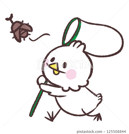 Illustration of a white bird chasing a rhinoceros beetle Illustration of a white bird chasing a rhinoceros beetle 125508844