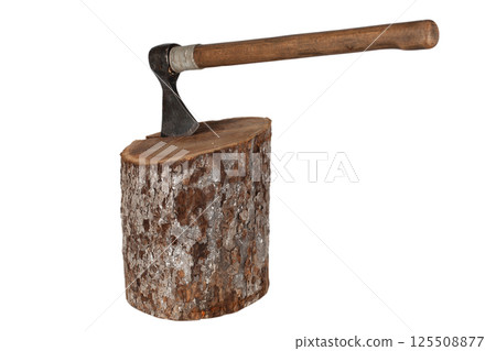 axe with wooden handle in wood log on white axe with wooden handle in wood log on white 125508877