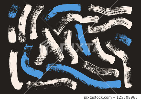 Acrylic dye curved bold brush stroke lines. Hand drawn vector squiggles shapes. Paintbrush linear scribble elements set on dark background. Doodle wobbly decoration. Folk thick grunge curved stripes Acrylic dye curved bold brush stroke lines. Hand drawn vector squiggles shapes. Paintbrush linear scribble elements set on dark background. Doodle wobbly decoration. Folk thick grunge curved stripes 125508963