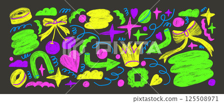 Abstract shapes neon highlights set. Naive vibrant colors doodle figures on dark background. Crown, cherry, heart and geometric forms collage elements. Vector girly punk illustration by pencil Abstract shapes neon highlights set. Naive vibrant colors doodle figures on dark background. Crown, cherry, heart and geometric forms collage elements. Vector girly punk illustration by pencil 125508971