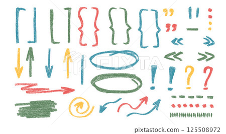 Brackets marks, arrow doodle set. Crayon underlines, quotation marks, ellipse and signs. Scribble pencil emphasis note highlights. Vector hand drawn illustration isolated on white background Brackets marks, arrow doodle set. Crayon underlines, quotation marks, ellipse and signs. Scribble pencil emphasis note highlights. Vector hand drawn illustration isolated on white background 125508972