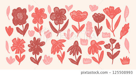 Flowers crayon drawn set. Naive floral doodles. Chamomile, poppy, grass, leaves sketch elements. Pink and red garden simple coneflowers and daises. Vector coquette style illustration by pencil 125508993