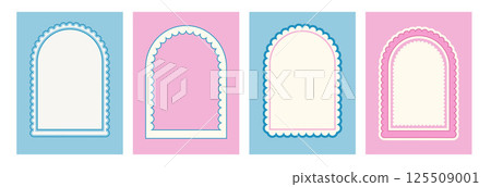 Arch scallop frames set. Wavy edges geometric doodle template isolated on Wave groovy arc borders background. Poster with door portal elements. Vector illustration Arch scallop frames set. Wavy edges geometric doodle template isolated on Wave groovy arc borders background. Poster with door portal elements. Vector illustration 125509001
