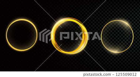 Ring with halo light. Circle neon light flare set. Circular glow portal effect. Realistic vector round frames collection on dark background. radial orb abstract element. Current energy symbols Ring with halo light. Circle neon light flare set. Circular glow portal effect. Realistic vector round frames collection on dark background. radial orb abstract element. Current energy symbols 125509012