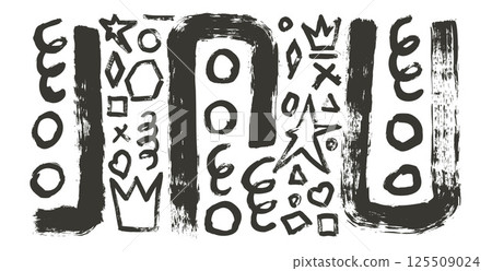 Grunge wall art elements with brush stroke texture. Hand drawn black ink graffiti crown, star, heart and geometric urban street style maze shapes on white background. Circle, hexagon abstract figures 125509024
