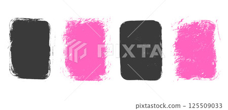 Set of painted grunge text boxes. Callout rectangles frame shapes. Linocut rolled ink black and pink tag sample. Handmade vector stamp with smudged texture. Rough paint decorative uneven framework 125509033