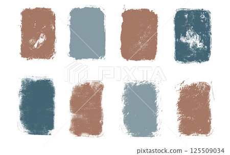 Set of gouache grunge ruined stamps. Rectangular frames. Linocut with rolled out paint. Vector texture of smeared noise. Rough blue and brown decorative uneven frame 125509034