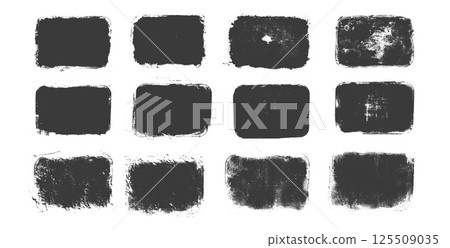 Grunge text boxes swatch set. Callouts rectangles frames. Lino cut rolled paint black tag. Vector handmade brayer stamp smudged texture. Rough paint decorative irregular border 125509035