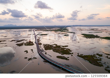 Aerial view Drone shot of Bridge(Ekachai bridge)Colorful Road bridge cross the lake at Talay Noi Lake in Phatthalung province Thailand Aerial view Drone shot of Bridge(Ekachai bridge)Colorful Road bridge cross the lake at Talay Noi Lake in Phatthalung province Thailand 125509364