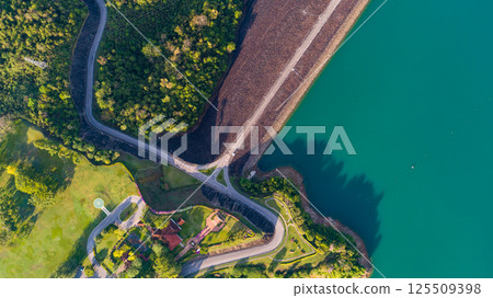 Aerial view of a dam at surat thani Thailand 125509398