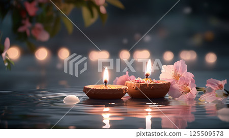 Diwali and diyas the beautiful oil lamps on Water with Rose Petals 125509578