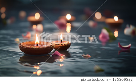 Diwali and diyas the beautiful oil lamps on Water with Rose Petals 125509582