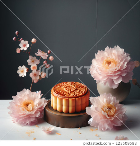 一塊盒子上有日本牡丹花的月餅，中國傳統節日中秋節廣宣海報報道材料片 125509588