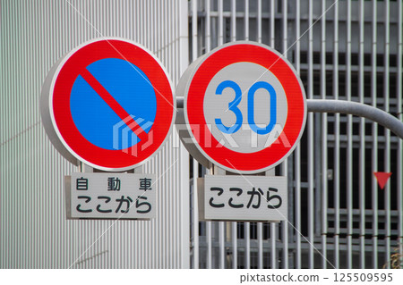 Speed limit and no parking road signs 125509595