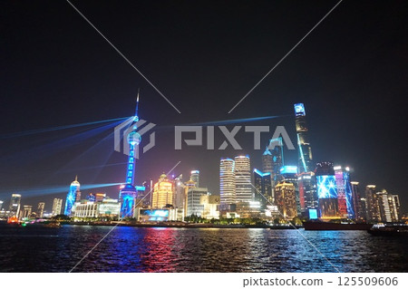 Shanghai: Night view of illuminated buildings at the 35th anniversary event of Pudong Development Shanghai: Night view of illuminated buildings at the 35th anniversary event of Pudong Development 125509606