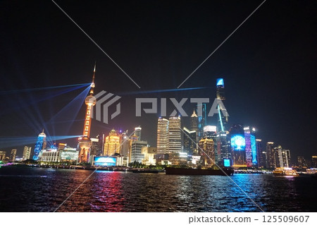 Shanghai: Night view of illuminated buildings at the 35th anniversary event of Pudong Development Shanghai: Night view of illuminated buildings at the 35th anniversary event of Pudong Development 125509607
