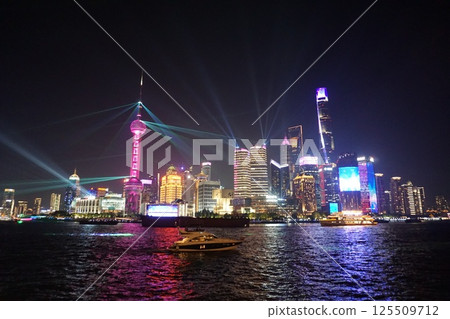 Shanghai: Night view of illuminated buildings at the 35th anniversary event of Pudong Development Shanghai: Night view of illuminated buildings at the 35th anniversary event of Pudong Development 125509712