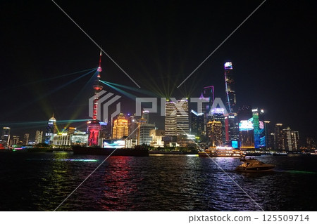 Shanghai: Night view of illuminated buildings at the 35th anniversary event of Pudong Development Shanghai: Night view of illuminated buildings at the 35th anniversary event of Pudong Development 125509714