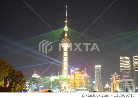 Shanghai: Night view of illuminated buildings at the 35th anniversary event of Pudong Development Shanghai: Night view of illuminated buildings at the 35th anniversary event of Pudong Development 125509715