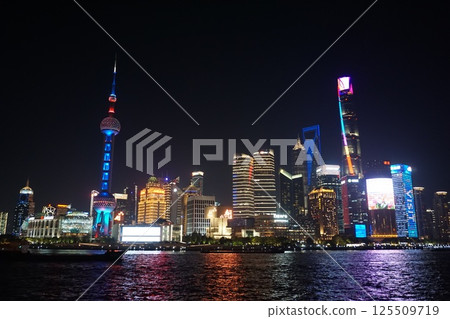 Shanghai: Night view of illuminated buildings at the 35th anniversary event of Pudong Development Shanghai: Night view of illuminated buildings at the 35th anniversary event of Pudong Development 125509719
