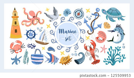 Marine Set Summer Beach Clipart Collection. Hand drawn marine set featuring lighthouse, anchor, octopus, turtle, fishes, seashells, and sailing boat. Perfect for summer designs 125509953