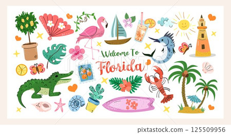 Welcome to Florida Set a colorful hand-drawn vector collection with alligator, flamingo, palm trees, tropical drinks, lighthouse, sun, and beach elements, perfect for summer prints and travel design. 125509956