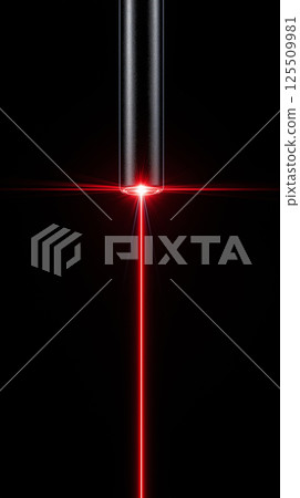 Red laser beam emerging from metal cylinder in dark background 125509981