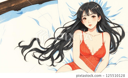 Woman lying down in a red negligee 125510128