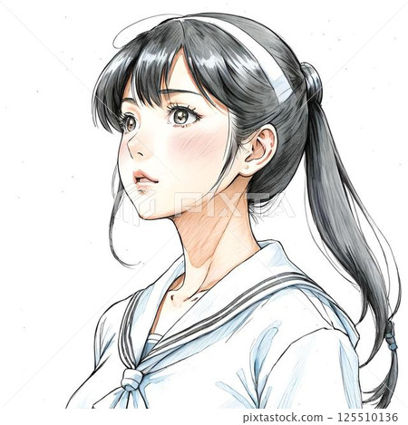 A high school girl with a ponytail looking into the distance 125510136