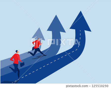 Business people compete in running on the Arrow Racetrack. Business competition performance compare to other employees concept 125510230