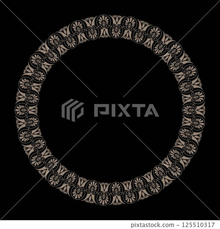 Beautiful golden round frame with classic Greek ornament. Circle of Ancient Greece, Roman Empire. Greek decorative element - Palmette. Endless European pattern. For textiles, embroidery, porcelain Beautiful golden round frame with classic Greek ornament. Circle of Ancient Greece, Roman Empire. Greek decorative element - Palmette. Endless European pattern. For textiles, embroidery, porcelain 125510317