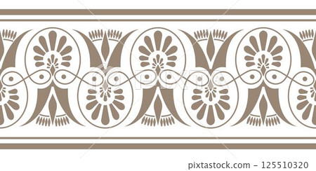 Vector golden seamless classic greek floral meander ornament. Ancient Greece, Roman Empire. Endless European pattern. Greek decorative element - Palmette. For textile, embroidery, porcelain, engraving 125510320