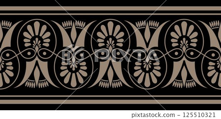 Vector golden with black seamless classic greek floral meander ornament. Ancient Greece, Roman Empire. Endless European pattern. Greek decorative element - Palmette. For textile, embroidery, porcelain 125510321
