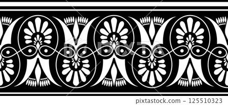 Vector white with black seamless classic greek floral meander ornament. Greek decorative element - Palmette. Endless European pattern. Ancient Greece, Roman Empire. For textile, embroidery, porcelain Vector white with black seamless classic greek floral meander ornament. Greek decorative element - Palmette. Endless European pattern. Ancient Greece, Roman Empire. For textile, embroidery, porcelain 125510323