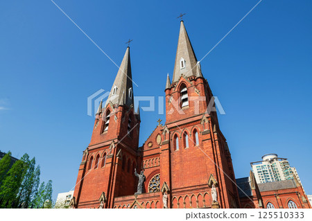 St. Ignatius Xujiahui Cathedral against blue sky in Shanghai 125510333