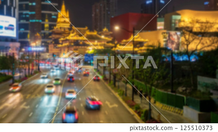 Blur Jingan temple and West Nanjing street at night, Shanghai 125510373