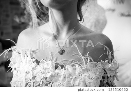 Elegant Bride with Necklace Close-Up in Black and White Elegant Bride with Necklace Close-Up in Black and White 125510460