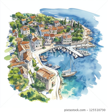 Hvar. Hvar hand drawn watercolor illustration 125510730