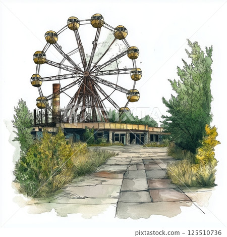 Chernobyl Exclusion Zone. Chernobyl Exclusion Zone hand drawn watercolor illustration Chernobyl Exclusion Zone. Chernobyl Exclusion Zone hand drawn watercolor illustration 125510736