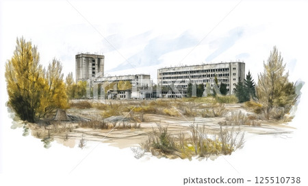 Chernobyl Exclusion Zone. Chernobyl Exclusion Zone hand drawn watercolor illustration Chernobyl Exclusion Zone. Chernobyl Exclusion Zone hand drawn watercolor illustration 125510738