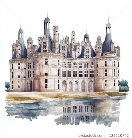 Chateau de Chambord . Chateau de Chambord  hand drawn watercolor illustration 125510742