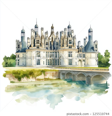 Chateau de Chambord . Chateau de Chambord  hand drawn watercolor illustration 125510744