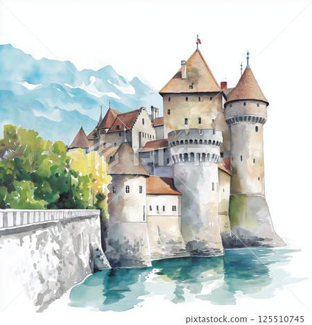 Chateau de Chillon. Chateau de Chillon hand drawn watercolor illustration 125510745