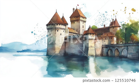 Chateau de Chillon. Chateau de Chillon hand drawn watercolor illustration 125510746
