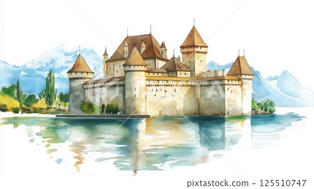 Chateau de Chillon. Chateau de Chillon hand drawn watercolor illustration 125510747