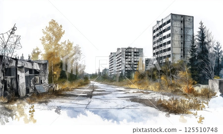Chernobyl Exclusion Zone. Chernobyl Exclusion Zone hand drawn watercolor illustration 125510748