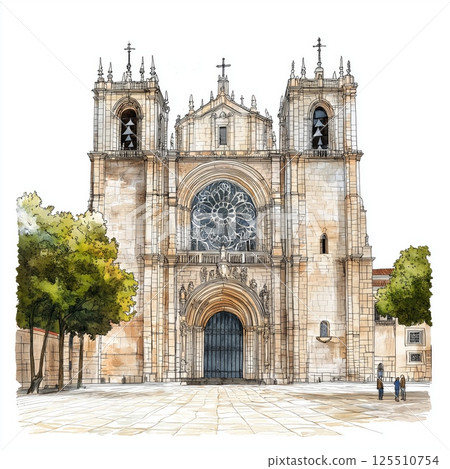 Jeronimos Monastery. Jeronimos Monastery hand drawn watercolor illustration 125510754