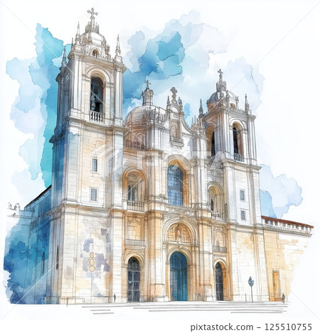 Jeronimos Monastery. Jeronimos Monastery hand drawn watercolor illustration 125510755
